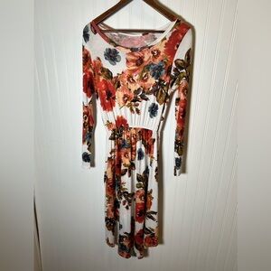Jersey Midi Dress Sz S, Autumn colors, Long Sleeved, Elastic Waist, Pockets